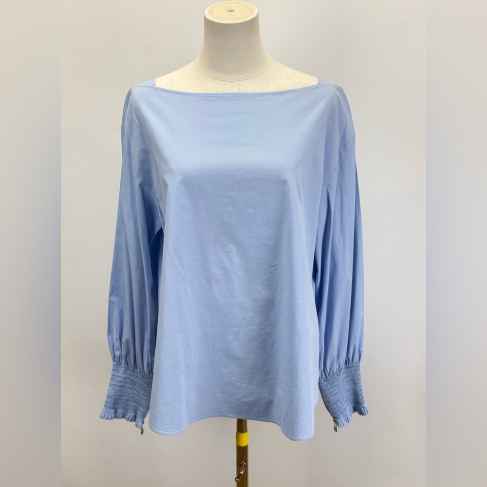 CEDRIC CHARLIER Light Blue bateau neck smocked cuff Blouse size 12